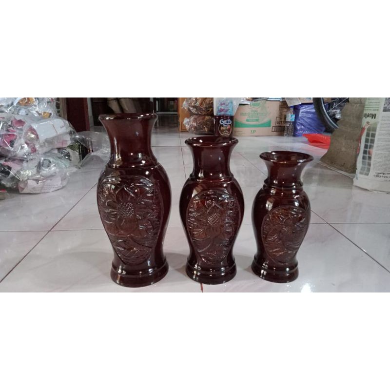 SATU SET VAS CORONG TATAH ISI 3 PCS BAHAN KAYU JATI - PAJANGAN DEKORASI RUMAH