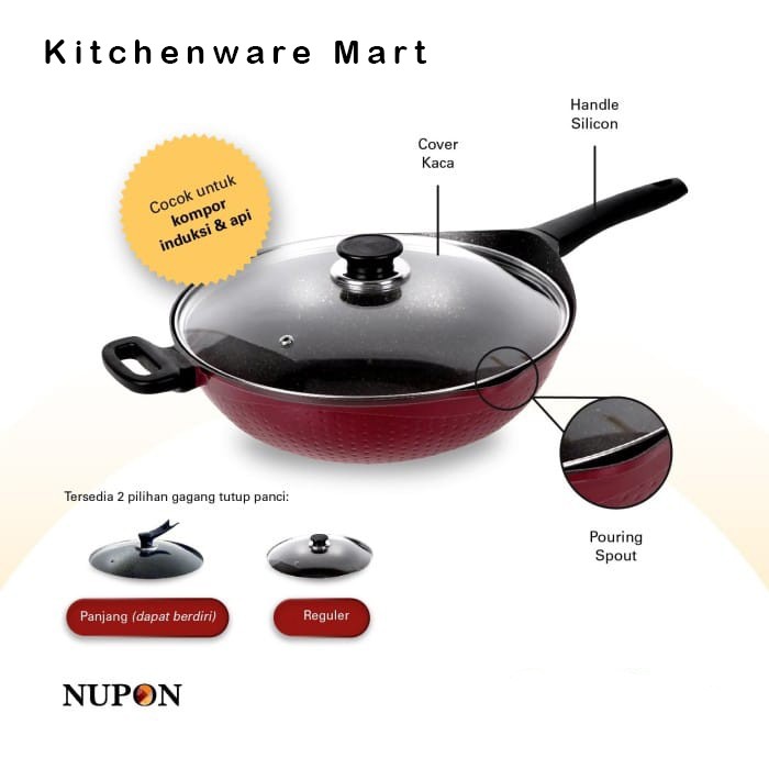 Wok Pan NUPON Granite Anti Lengket 36cm dan tutup kaca KOMPOR INDUKSI