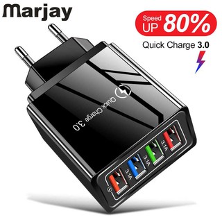 Marjay Adapter Charger 5V 4 Port USB QC3.0 Quick Charge 3.0 4.0 Fast Charging Pengisian Daya Cepat+Lampu LED  Untuk Iphone X / Samsung / Xiaomi / Huawei