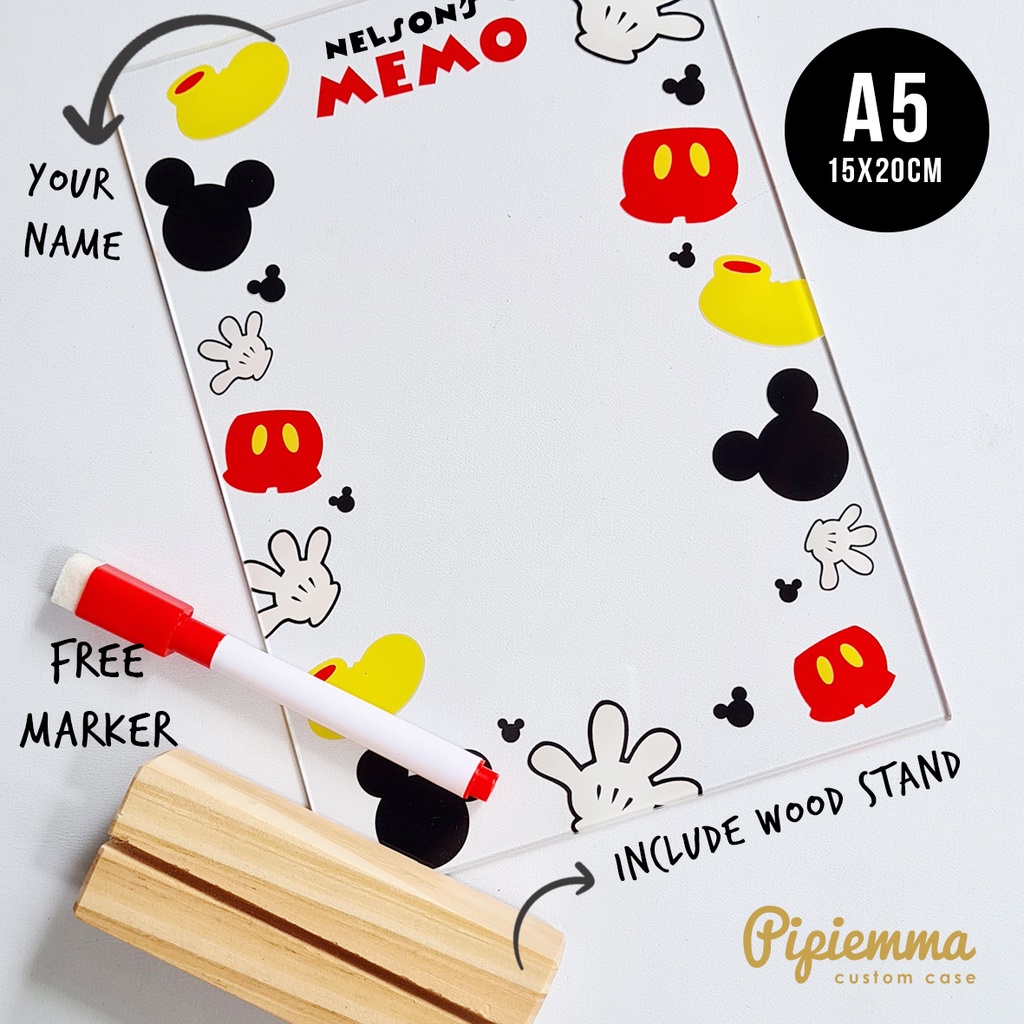 Memo Akrilik Mickey Mouse Custom gambar nama souvenir ulang tahun merchandise notes to do list A5 whiteboard