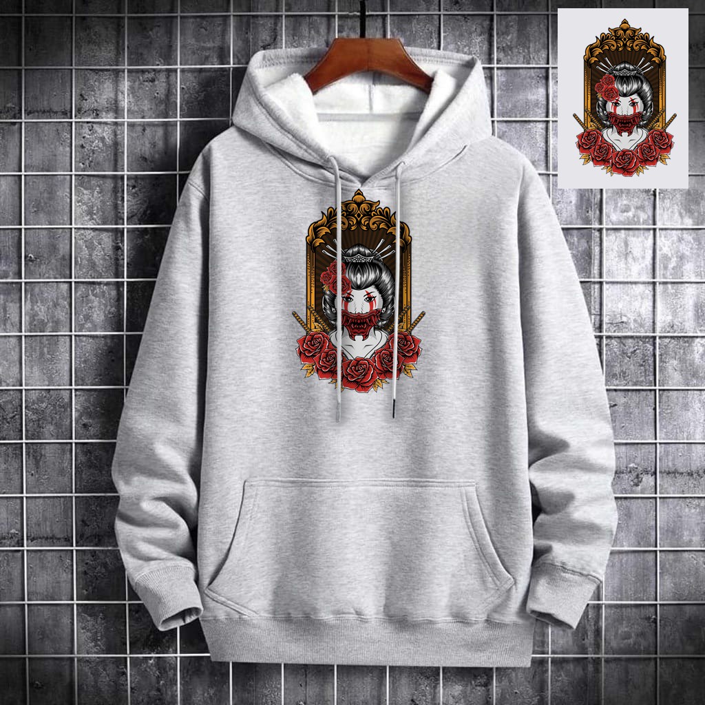 INDOSAN-SWEATER HOODIE GEISHA ROSE-HOODIE DISTRO BAHAN FLEECE MOTIF DTF PRINTING-REAL PICT-BISA COD