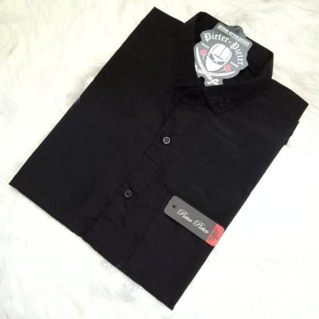 KEMEJA PRIA BOYI TOP MAN LENGAN PANJANG PENDEK KASUAL FORMAL KERJA KANTOR POLOS PUTIH HITAM WHITE-Kemeja pendek hitam