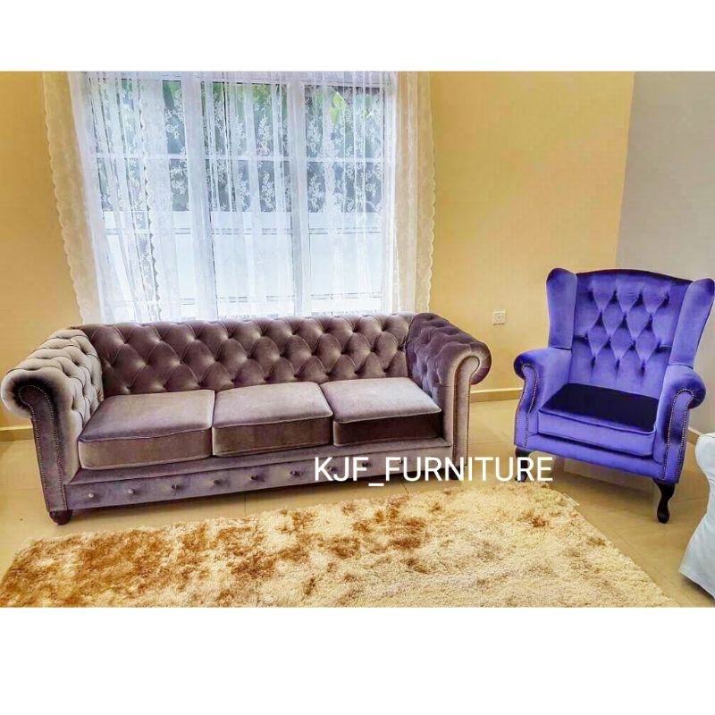 sofa tamu Chesterfield set dengan single chair bludru premium