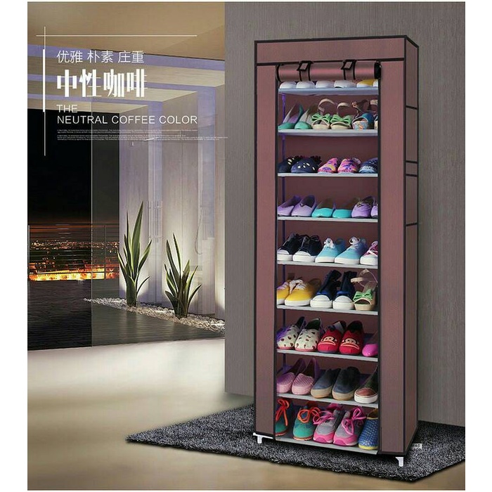 Rak Sepatu 10 Susun Rakitan / Shoes Rack with Dust Cove Rak Sepatu 10 Tingkat (9 Ruang) + Cover POLOS - Shoes Rack 10 Layer  RAK Sepatu 10th 9 Susun Rakitan rak baju rak tas Shoes Rack with Dust Cover Rak 10 Layer murah