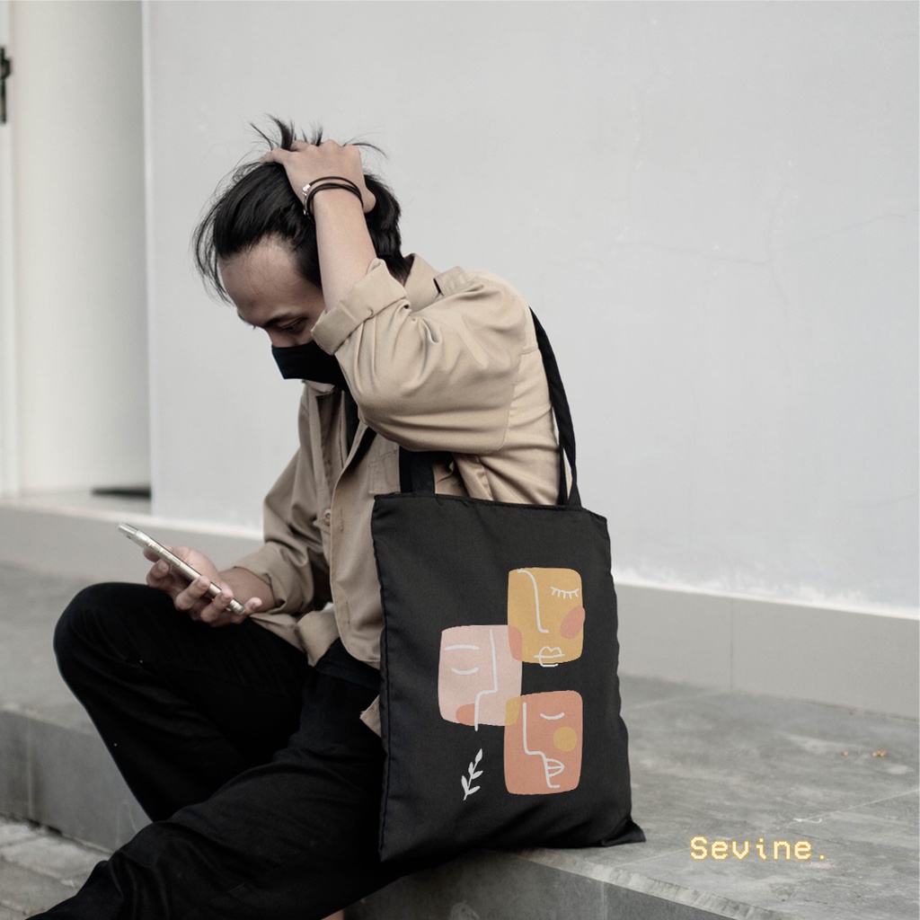 Sevine Totebag Tas Wanita Tote Bag Resleting Motif Line art Hijab Black Series Hitam - WHF5