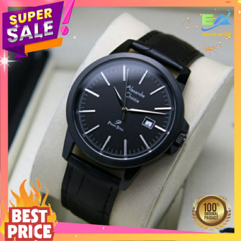 JAM ALEXANDER CHRISTIE PRIA ORIGINAL AC 1008 TERBARU MURAH TALI KULIT ORI ANALOG HITAM COWOK NEW