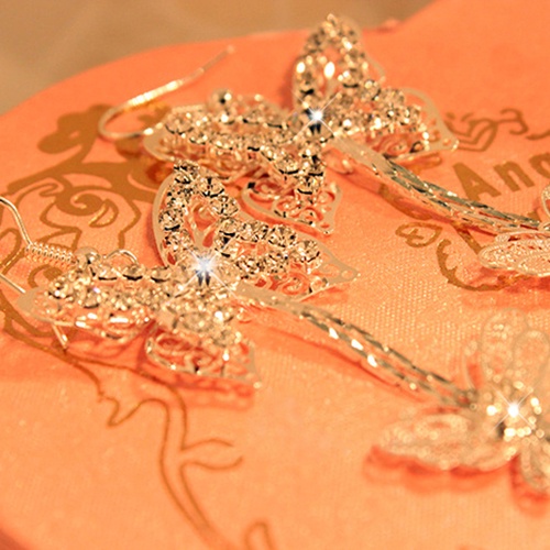 Hu Hu Hu Hu Hu Alat Bantu Pasang Kacamata♡ Anting Kait Gantung Panjang Wanita Model Butterfly Rumbai Lapis Ganda Hias Berlian Imitasi