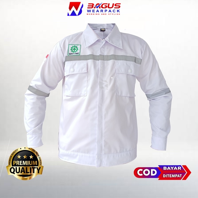 WEARPACK SAFETY / KEMEJA SAFETY / BAJU SAFETY LENGAN PANJANG / BAJU PROYEK KEREN / BAJU KERJA PRIA PROYEK / BAJU KERJA PIRA LAPANGAN / BAJU MEKANIK / BAJU WEARPACK / WERFAK PRIA KERJA / BAJU WEARPACK KERJA PROYEK / BAJU TAMBANG / PUTIH POLOS