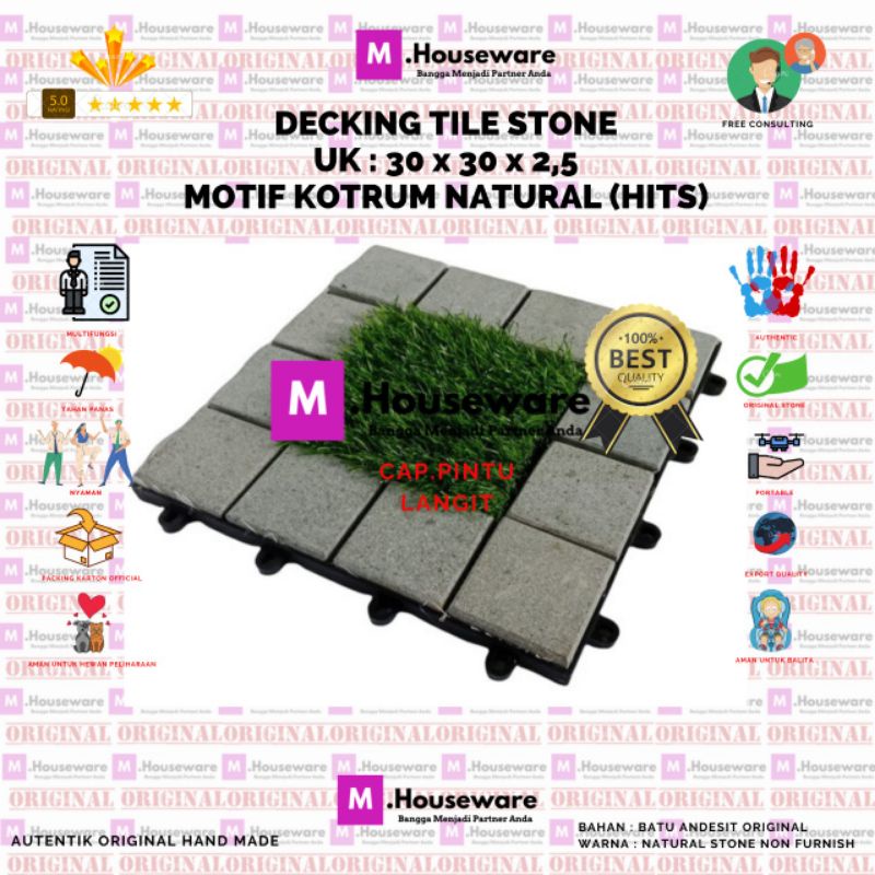 Lantai Batu Andesit Motif KOTRUM BATU Kotak Mix Rumput / decking stone Batu Alam UK 30x30cm