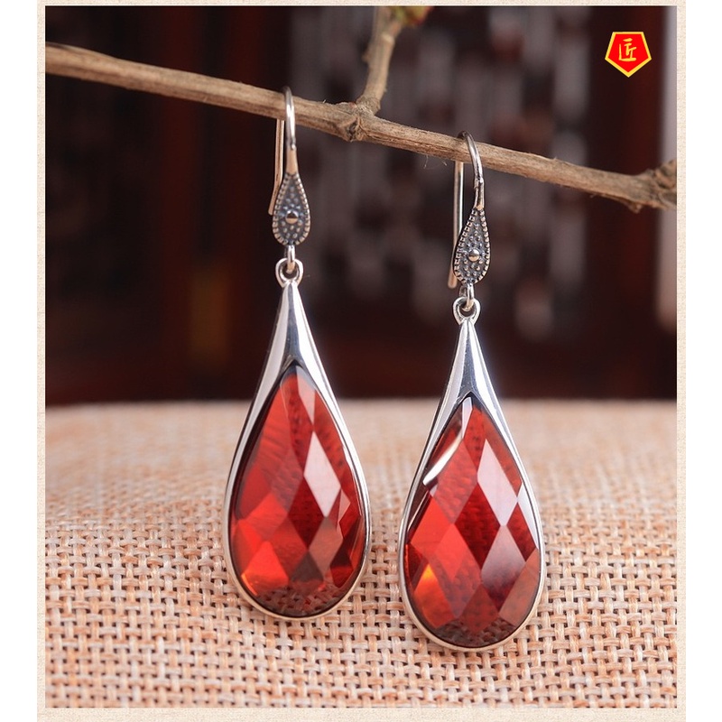 Green Chalcedony Ear Hook Vintage Drop-Shaped Red Garnet Earrings Temperament Hetian Jade Ear Hook