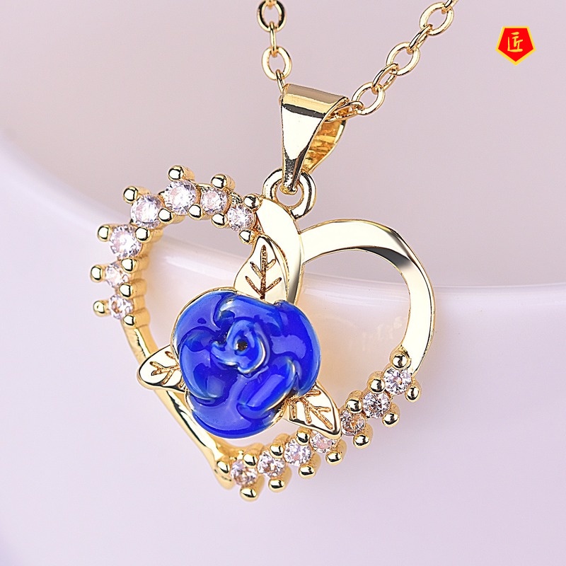 [Ready Stock]Creative Diamond Zircon Rose Heart-Shaped Pendant New Fashion