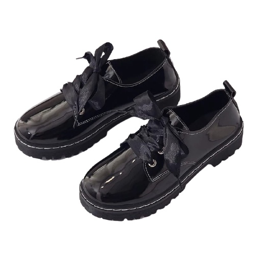 SEPATU WANITA STLYE BOOTS PENDEK TALI / SEPATU DOCMART BLACK GLOSY ( Bonus 2 tali ) AD 01