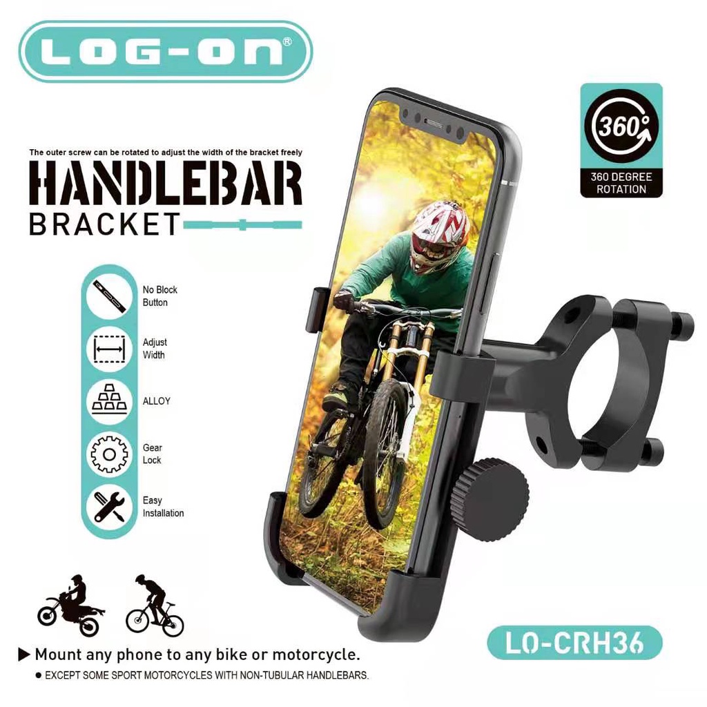 LOG ON HOLDER LO-CRH36 (STANG MOTOR/SEPEDA) ALUMINIUM ALOY (FREE KUNCI L) FULL BESI DUDUKAN HP STAND