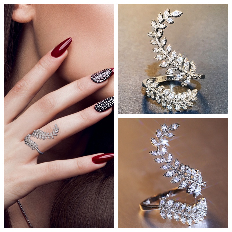 Fancyqube Perhiasan Cincin Lapis Silver Bentuk Daun Tanaman Panjang Aksen Zirkon Untuk Wanita