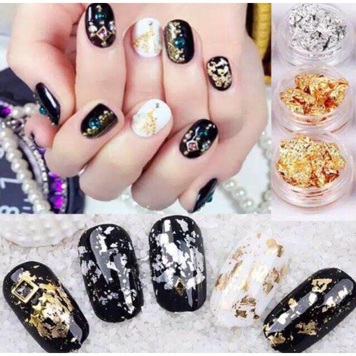 NAIL FOIL GOLD SILVER KERTAS FOIL NAIL ART HIASAN NAILART FLAKES FOIL LEM NAIL FOIL