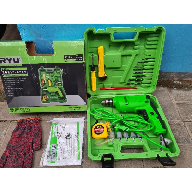 RYU Mesin Bor Tangan Listrik 10mm Set Koper 22 Pcs RDR 10 - 3 RE