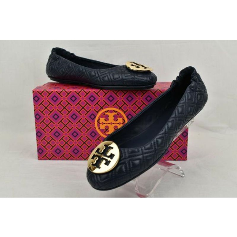 Tory Burch Minnie Quilted Black Nappa Leather Gold Ballet Flats