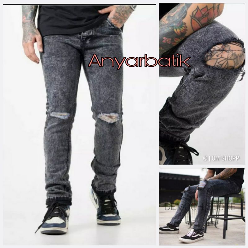 Celana Jeans Sobek Lutut Pria Ripped Jeans Snow 27-33 Skinny Strecht