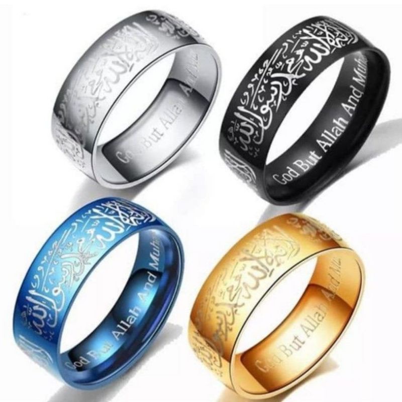 Cincin Tauhid Syahadat Hitam gold Titanium ukir kaligrafi Anti Luntur