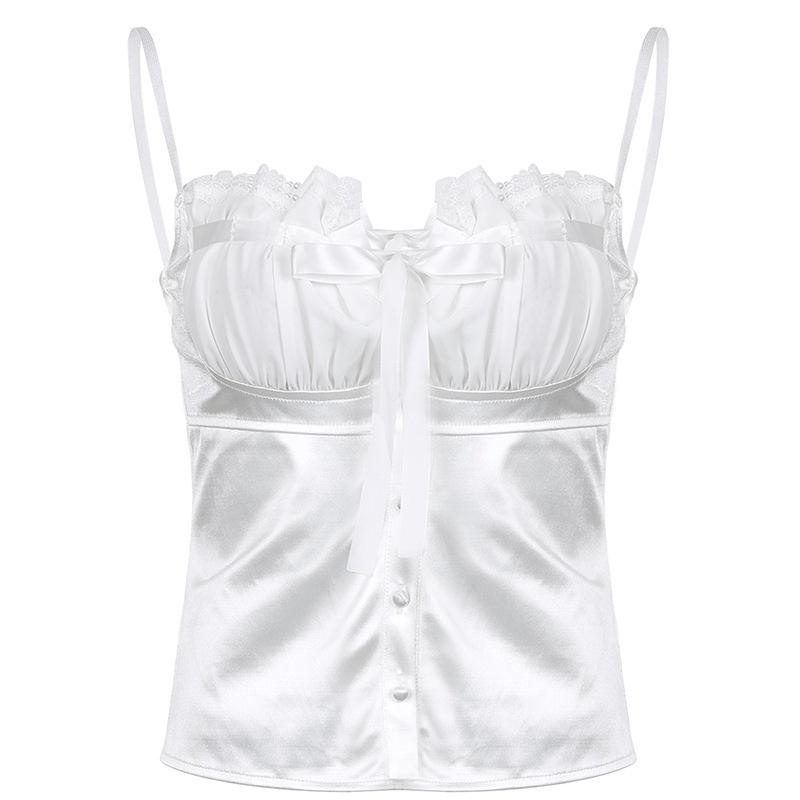 #Sisjuly# Suspender satin jahit renda baru untuk wanita dengan rompi putih berlipit dasi kupu-kupu