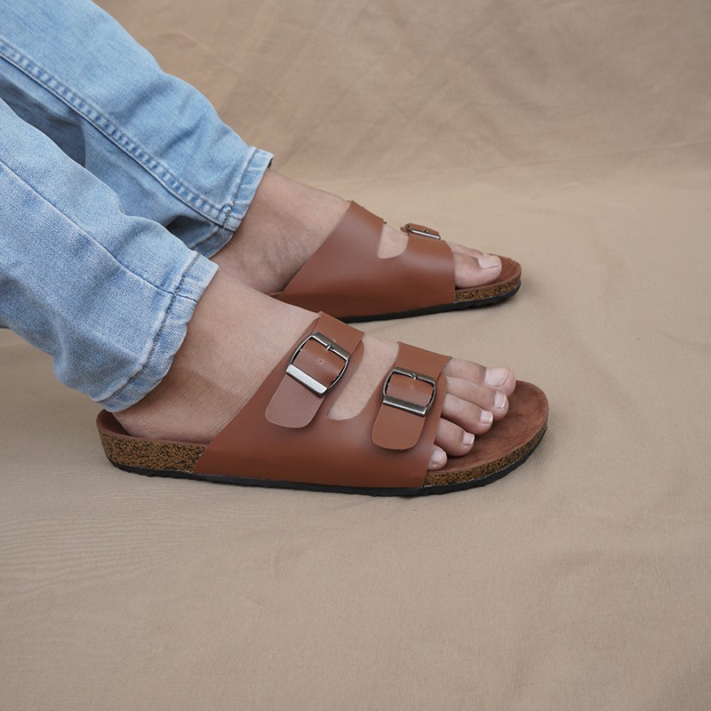 Sandal Pria Slop Sandal Briken Sandal Puyuh Walkers Sendal Slide Polos Murah Cowok Gesper2 Tan