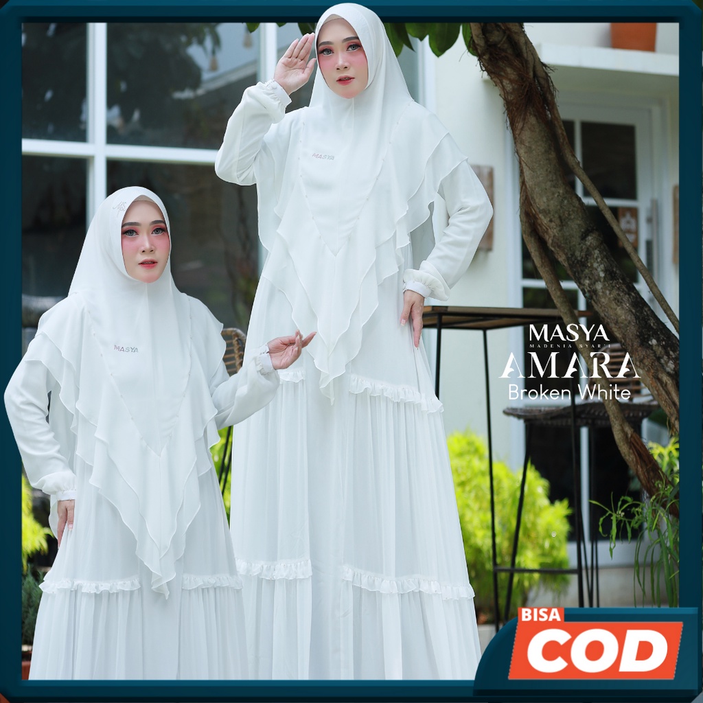 Set Gamis Dress Ceruty Babydoll Syari Branded Warna Putih  - Putih Tulang - Broken White Mewah Masya