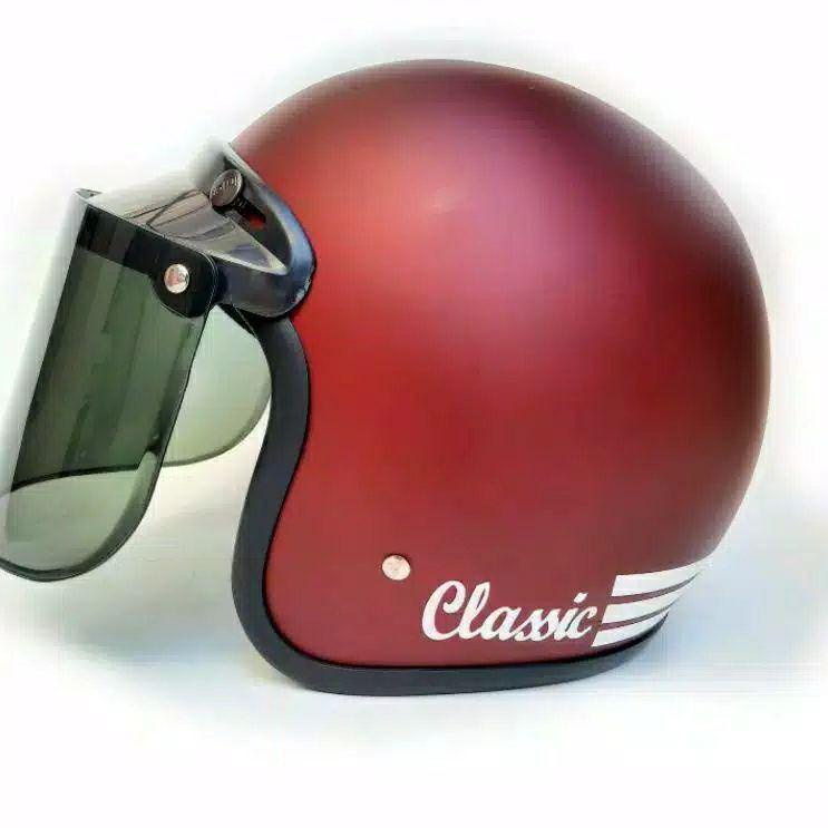 Terbaru.. helm bogo classic kaca datar/helm bogo polos garis tiga kaca flat sni pria wanita/cod helm