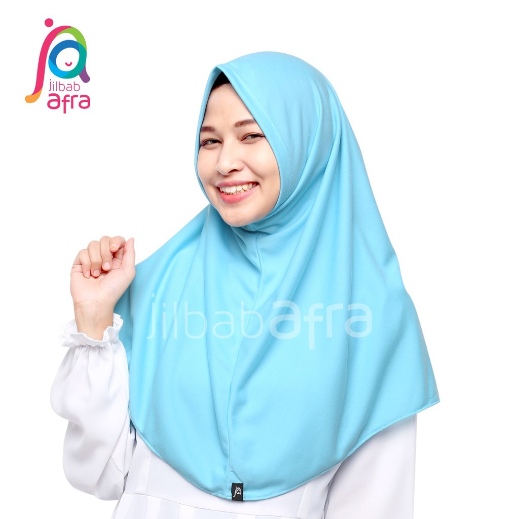 Jilbab Afra Syifa Biru Langit - Bergo Syiria Non Pet - Hijab Instan Bahan Kaos, Adem &amp; Lembut