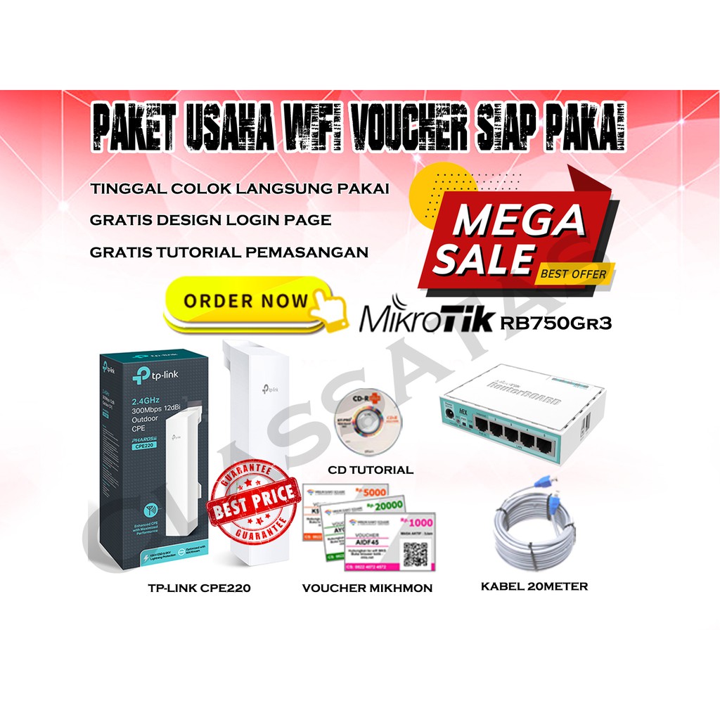 Mikrotik Rb750Gr3 + Tplink Cpe220 Paket Usaha Wifi Voucher Full setting tinggal pakai