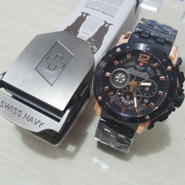 JAM TANGAN PRIA SWISS NAVY SN8939 BLACK GOLD SET PLUS SABUK ORIGINAL GARANSI RESMI