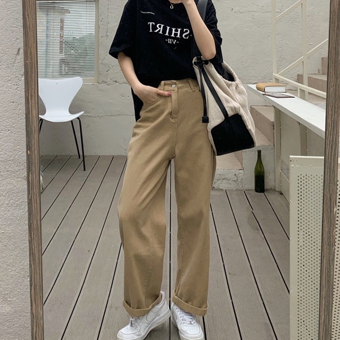 Celana Jeans Khaki Wanita Loose High Waist Korean Style Celana Panjang Jeans Boyfriend