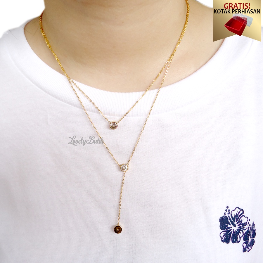 PROMO Gratis Kotak Perhiasan - Kalung Titanium Anti Karat Selamanya Stefan1 Kalung Wanita Model 2 Layer Diamond New - Lovelybutik