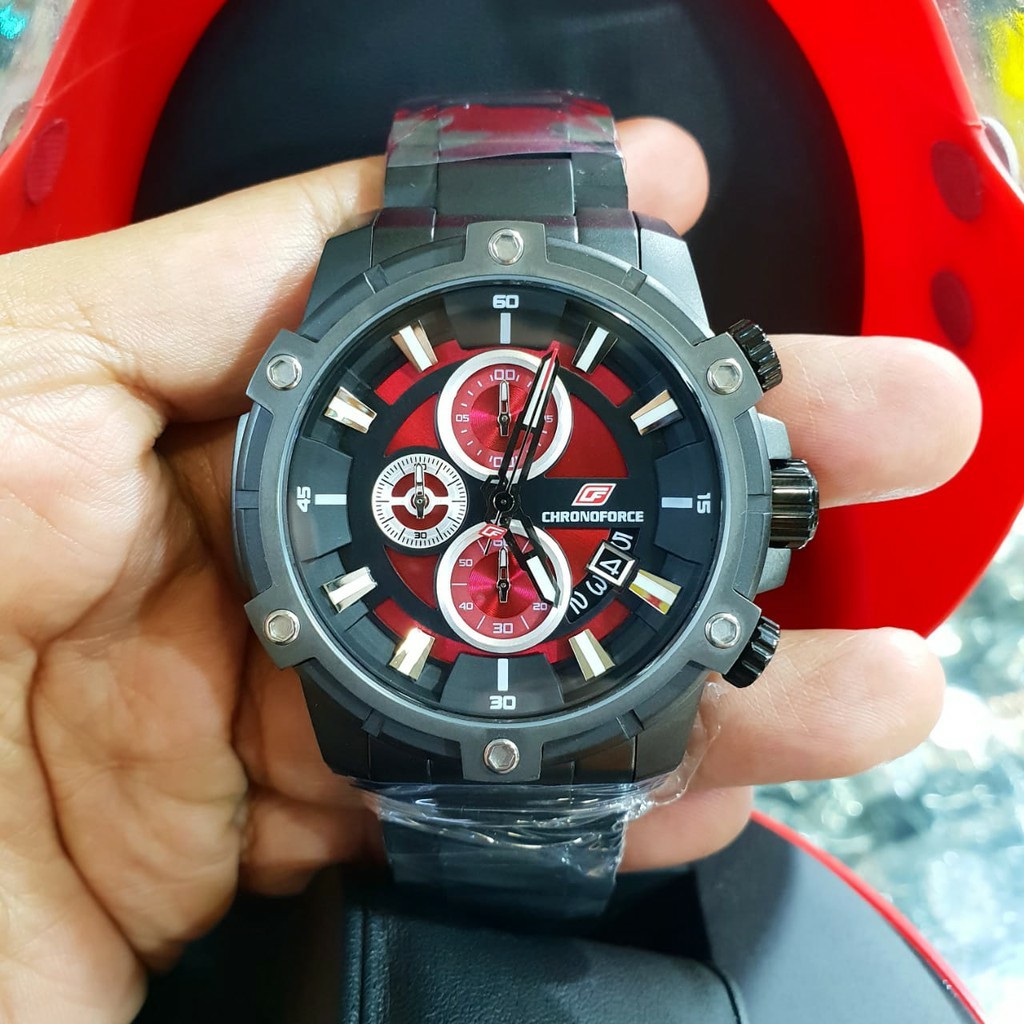 CF 5320 G Chrono force  jam tangan pria original  stainless steel black merah