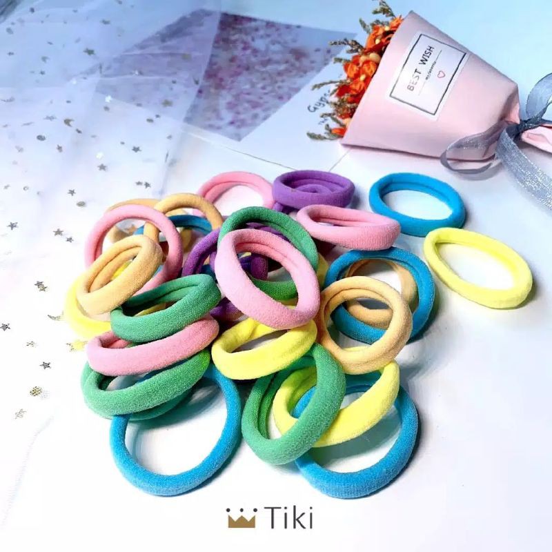 [ COD ] 100Pcs dan 50pcs Ikat Rambut + POUCH Lucu / Ikat Karet Donat Polos Warna Warni-4