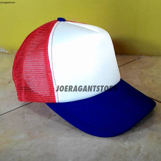 TOPI TRUCKER  POLOS BIRU PUTIH JARING MERAH JS