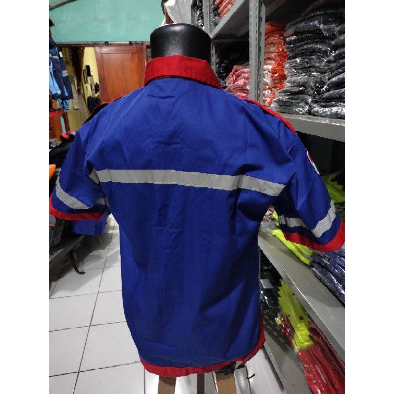 LENGAN PENDEK BIRU GARIS MERAH BAJU SAFETY