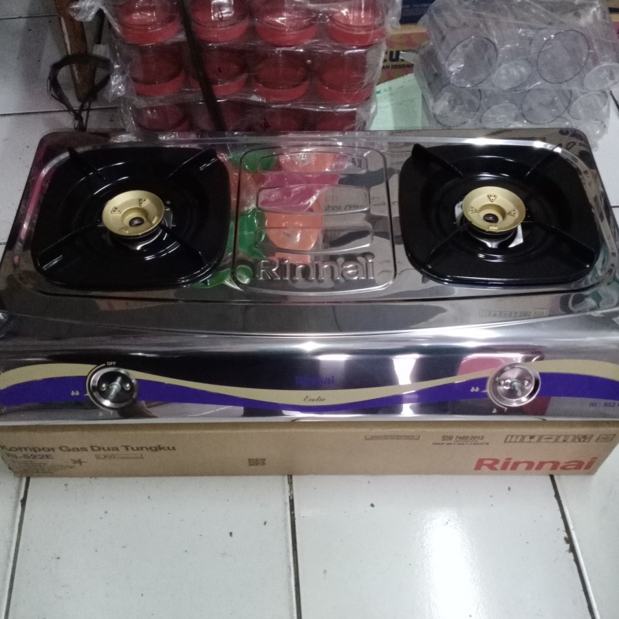 Kompor Gas Stainless Rinnai 2 Tungku RI-522E Teflon 2 Tungku RI 522 E RI522 E