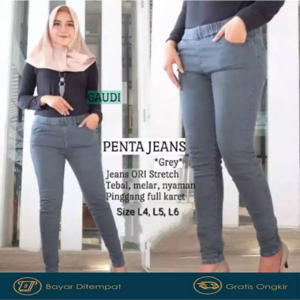 Jegging Jumbo INN DENIM Pinggang Karet Legging Jeans Abu-abu Polos Ukuran 26 sampai 38 Bisa Cod