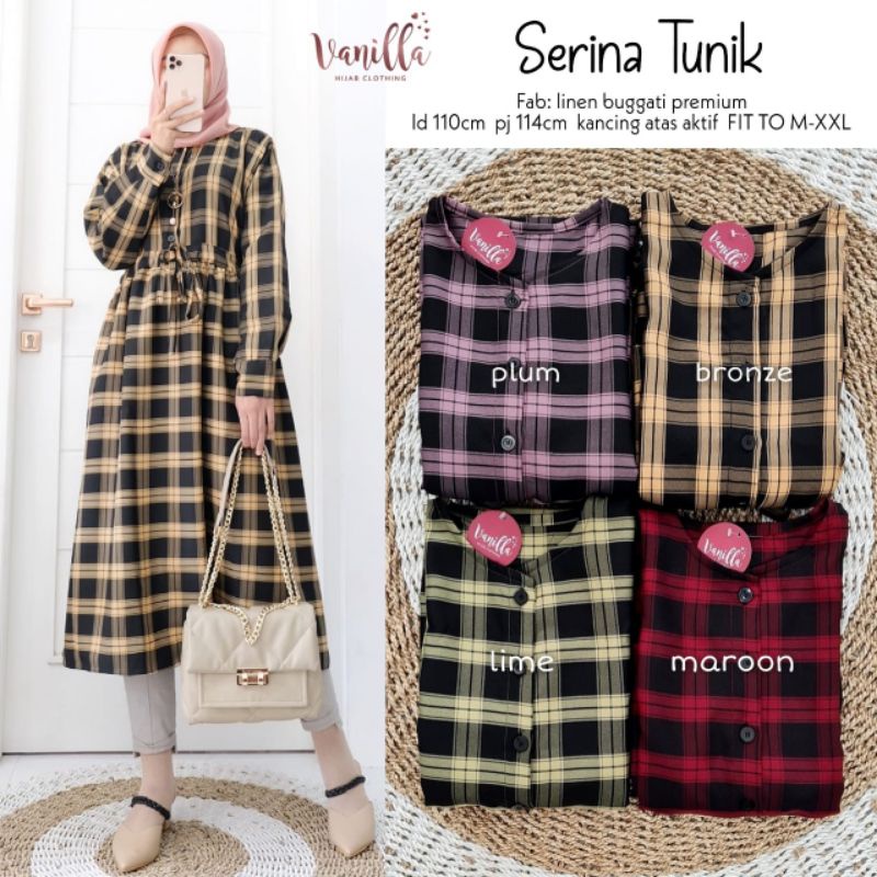 SERINA TUNIK LINEN PREMIUM MOTIF KOTAK PINGGANG SERUT LD 110 BY VANILLA