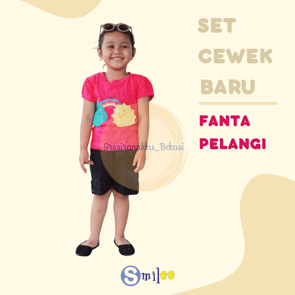 Setelan Anak Cewe Pink Fanta Pelangi Size 1,2,3thn Murah