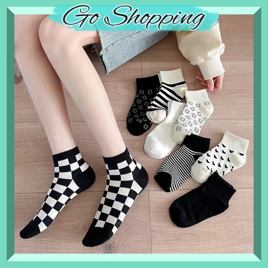 GO!KK812 Kaos Kaki Wanita Pria Pendek Unisex Semata Mata Kaki Ankle Motif Kotak-Kotak Garis hitam Putih Socks Korean