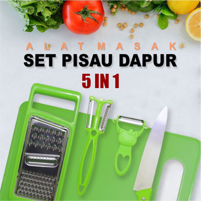 WHI Pisau Dapur Set Talenan Dapur Lengkap Dengan Pisau Dan Peeler 5 In 1 Pisau Gold Serbaguna