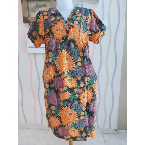 Daster Kencana Ungu label Biru model Kerah