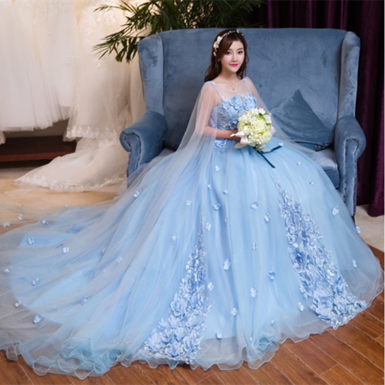 MODEL KOREA KPOP NEW ASLI MEWAH ELEGAN S// Dress Lace Bertali Warna Biru Kualitas Tinggi untuk Pesta