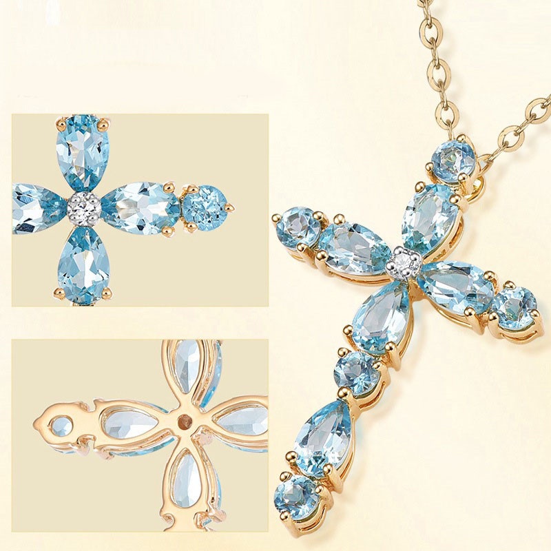 [Ready Stock]Fashion 18K Gold Plated Blue Gemstone Cross Pendant Necklace