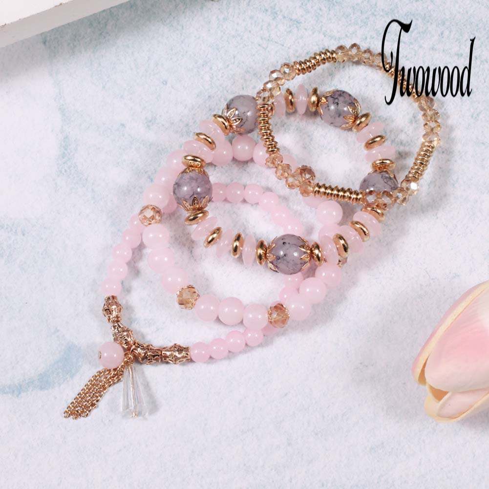 4pcs / Set Gelang Rantai Manik-Manik Mutiara Batu Akik Palsu Gaya Boho Untuk Wanita