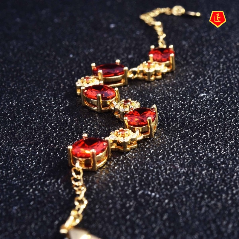 [Ready Stock]18K Gold Flower Inlaid Natural Garnet Bracelet