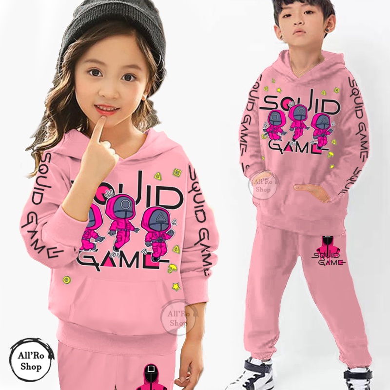 COD Baju Setelan Hoodie Anak Remaja ABG UNISEX Olahraga Senam Lengan Panjang Motif Squid Game Karakter Chibi Kukuma Usia 1 sampai 13 tahun ARS 64