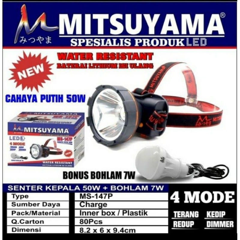 Senter Kepala Led Charger Mitsuyama MS-147P Cahaya Putih Super Terang