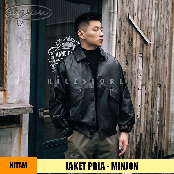 RZS x MINJON - Jaket Pria Bomber Bahan Semi Kulit Sintetis Viena Tactical Oversize Retro Faux Synthe